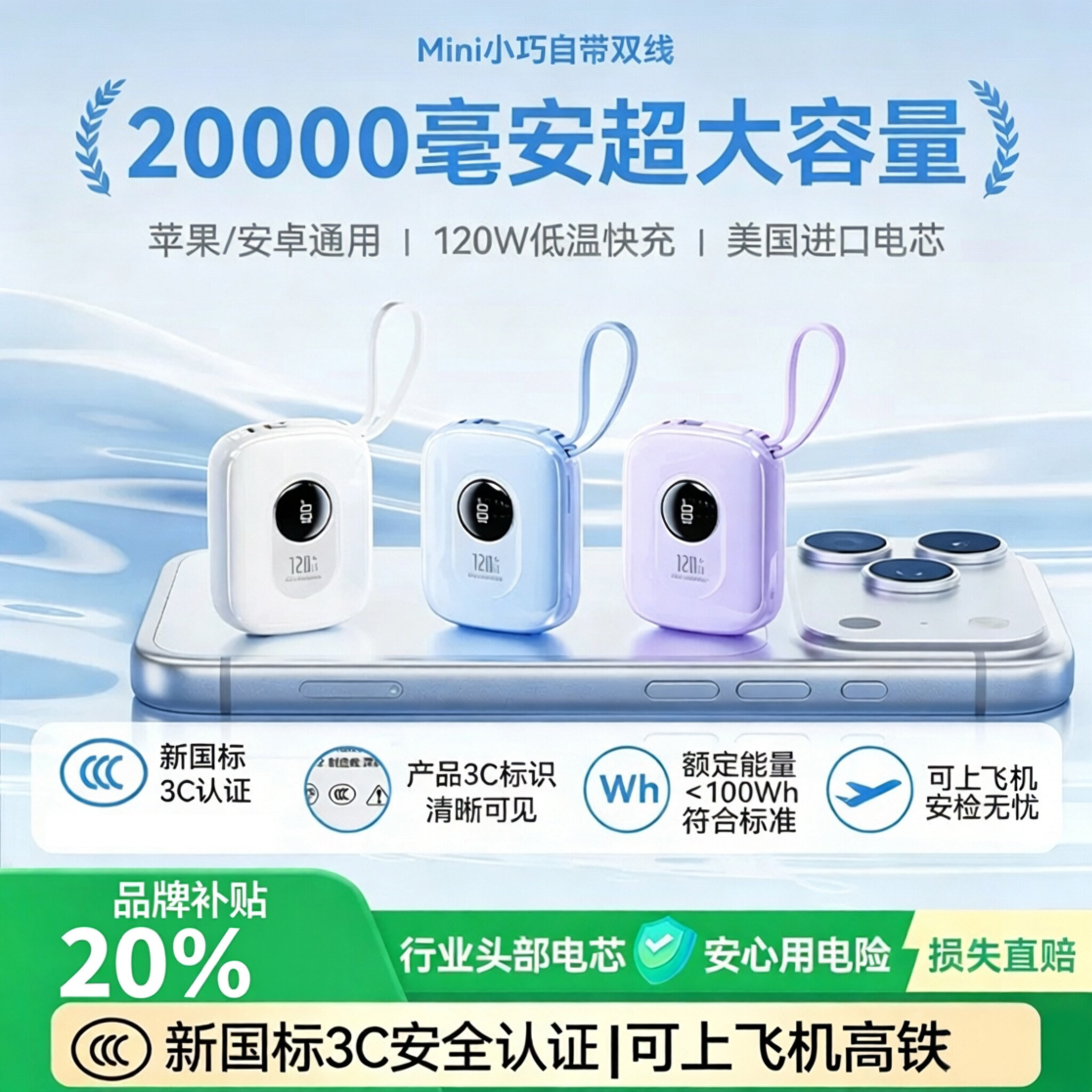 【50000M可上飞机】充电宝3C认证2026新款20000毫安3快充120w大容量超薄小巧便携移动电源适用苹果18Pro小米