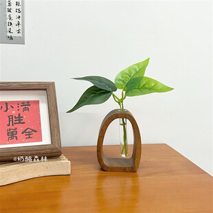 胡桃木透明玻璃小花瓶日系治愈鲜花水养花插迷你实木桌面插花摆件
