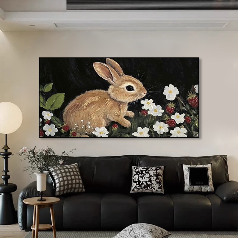 花卉兔子装饰画儿童房间餐厅可爱动物挂画治愈系卧室床头卡通壁画图片