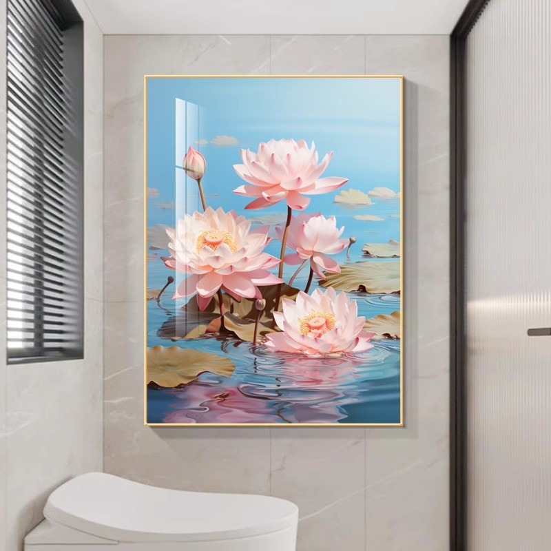 浴室厕所花卉莲花防水晶瓷壁画荷花挂画新款卫生间净秽招财装饰画图片