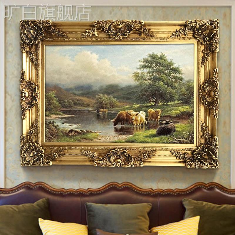 高端欧式油画客厅挂画田园风景画美式山水招财装饰画聚宝盆动物牛图片