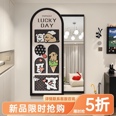 现代简约隐藏式全身镜装饰画线条小狗推拉穿衣镜玄关镜子画高级感