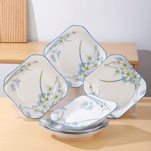 釉下彩水仙兰花如意四方盘陶瓷盘子家用正方形炒菜深盘微波炉适用