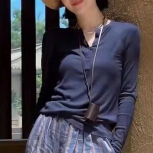 秋装 蓝色时尚 T恤条纹阔腿裤 套装 搭配一整套潮 f女气质简约显瘦长袖