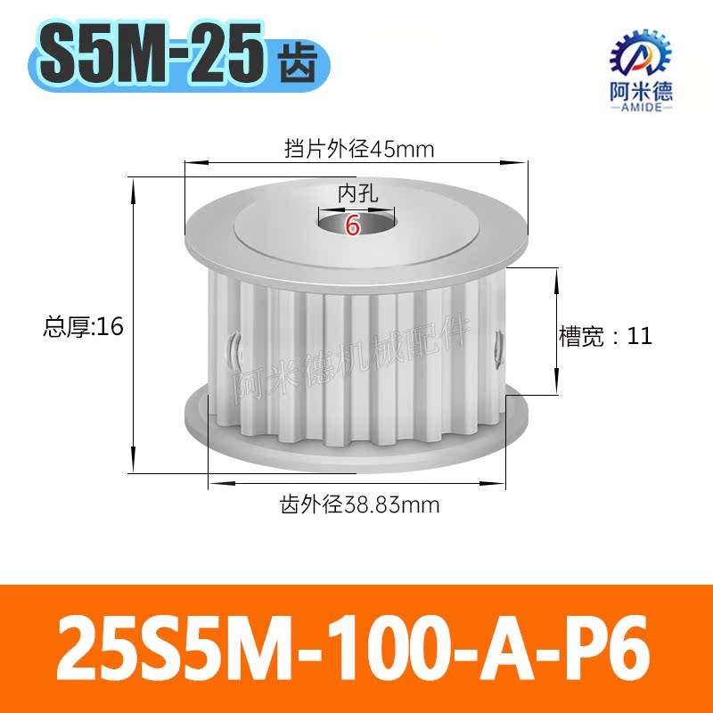 S5M25齿两面平无台25Su5M同步轮槽宽11/17皮带轮同步带轮AF