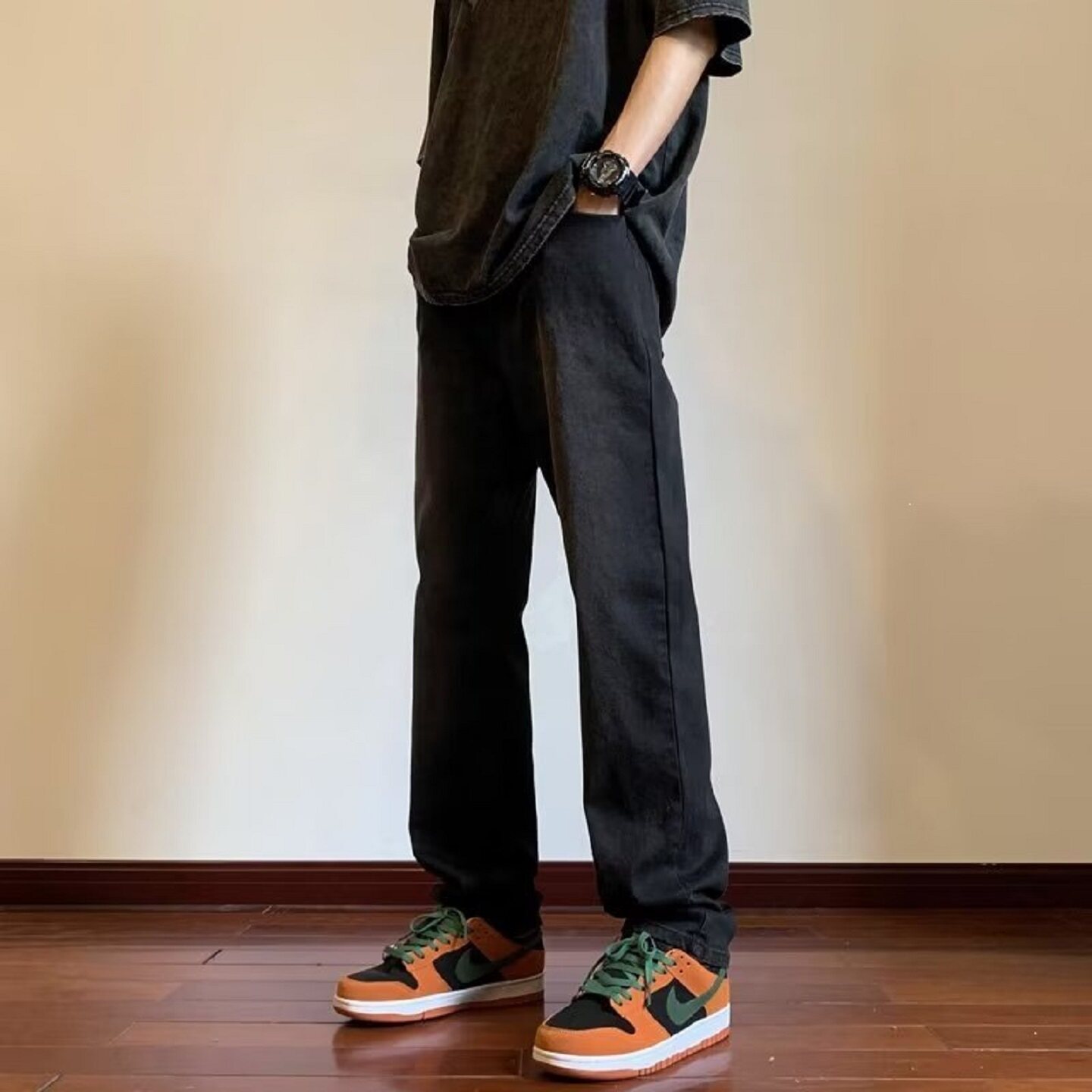 美式复古水洗休闲修身直筒牛仔裤