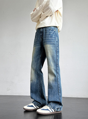 1995NVM美式复古水洗闪电纹牛仔裤男春秋直筒修身潮牌痞帅微喇裤