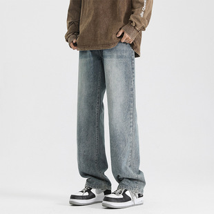 潮牌痞帅宽松休闲裤 高街微喇裤 子 男春秋美式 水洗复古直筒牛仔裤