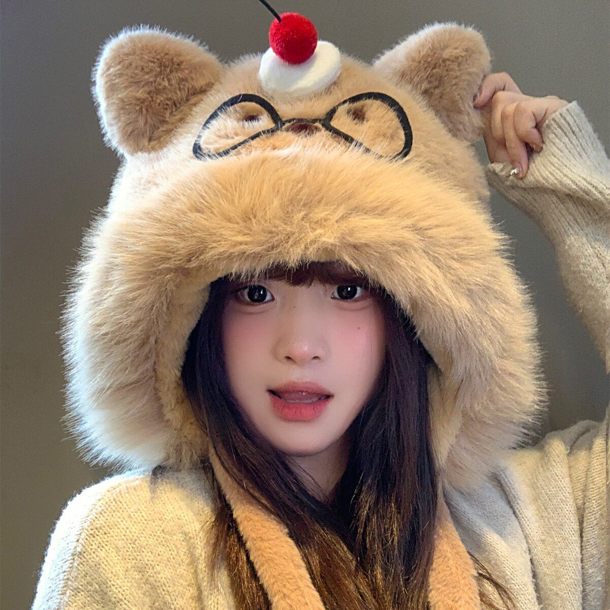卡通眼镜猫帽子围巾手套一体女秋冬季加绒加厚防风保暖骑车三件套