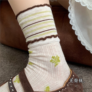 芭蕾风碎花木耳边条纹中筒袜女夏季薄款无骨堆堆袜日系复古风新潮