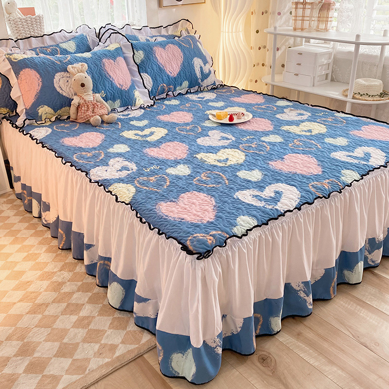 加厚磨毛夹棉缝纫床裙床罩单件防滑垫H子四季花边床单三件套四件