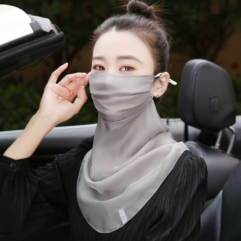 100桑蚕丝口罩护颈防晒面罩真丝面纱遮脸女丝巾夏季围巾开车薄款