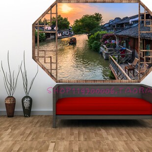 3D立体中国风古典假窗户墙贴画复古老城风景中式假窗客厅装饰贴画