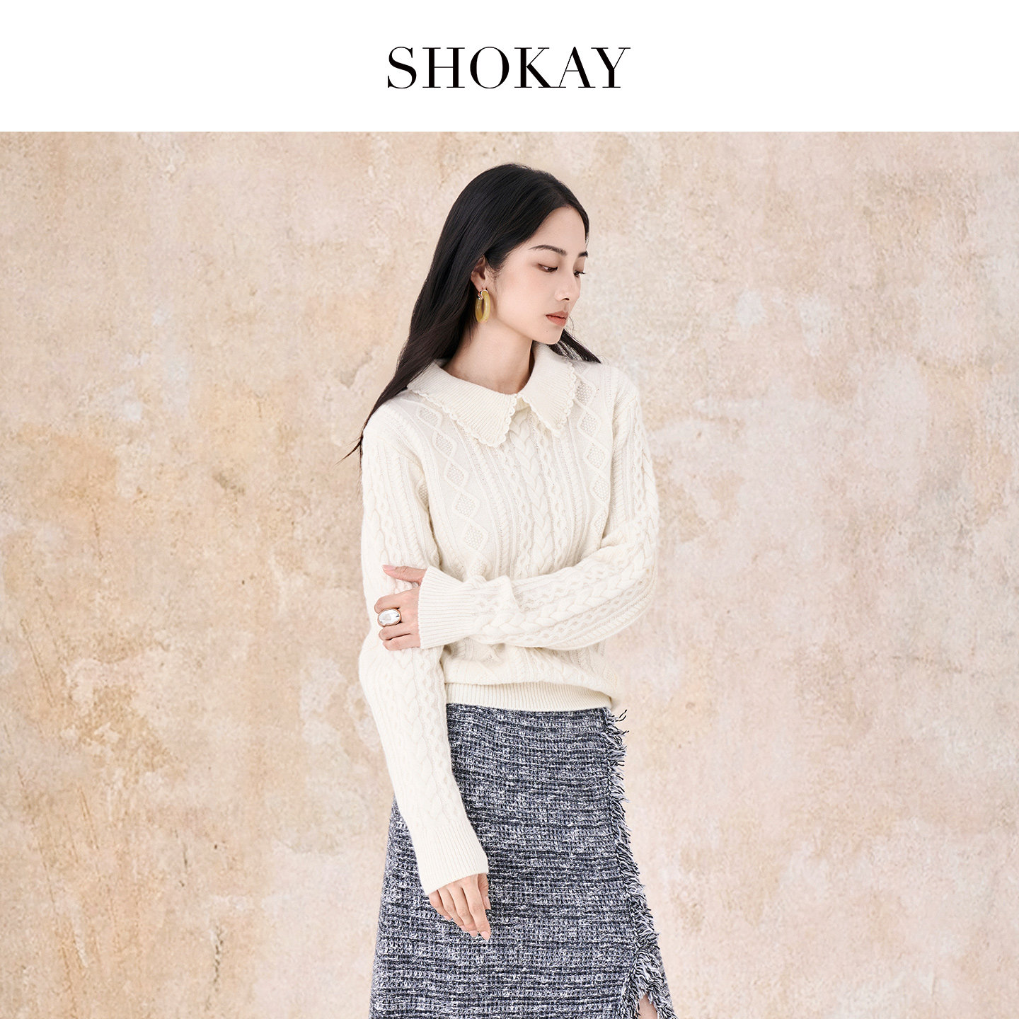 【子萱直播间同款】SHOKAY羊毛牦牛绒翻领绞花套衫手工领边针织衫