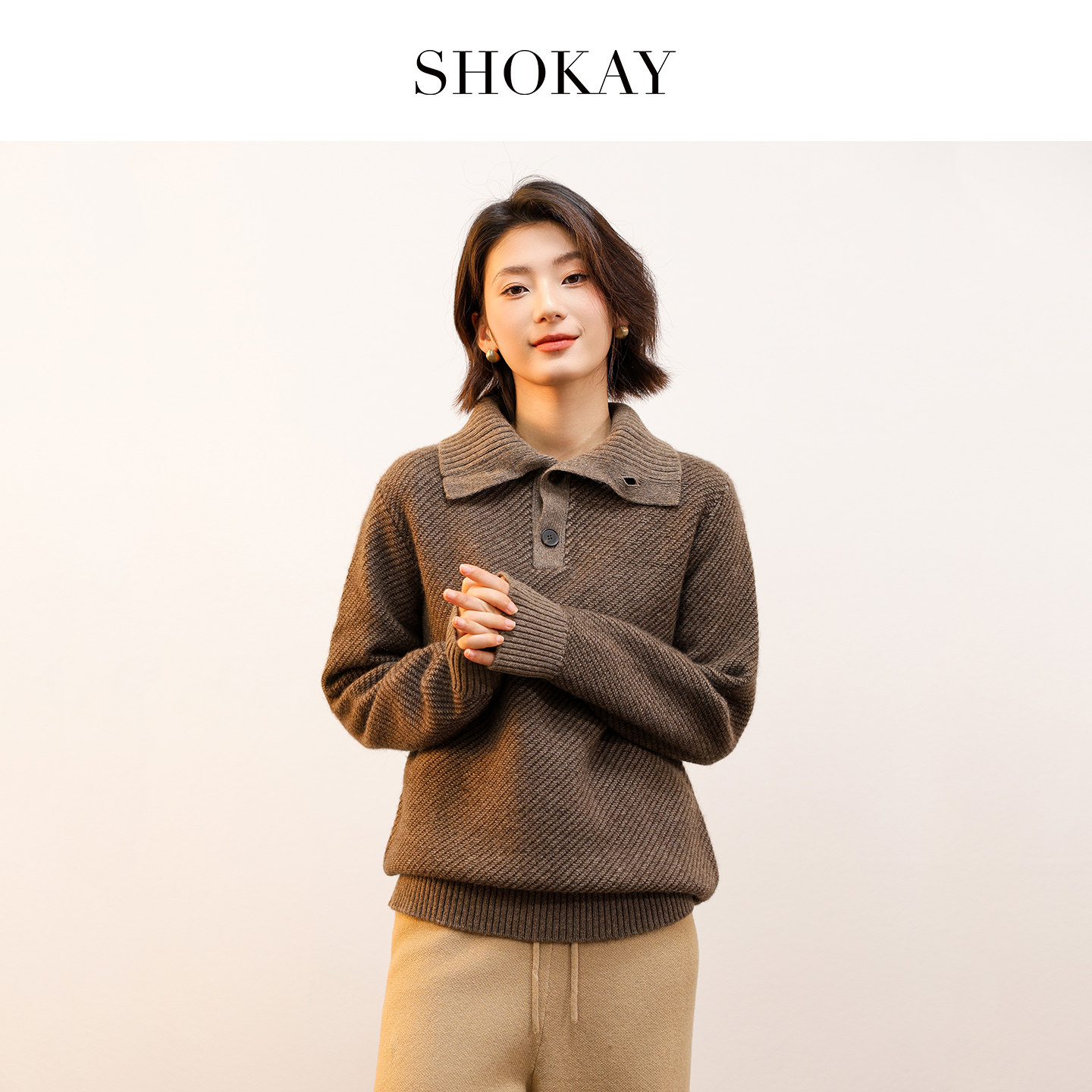 SHOKAY绣嘉【100%牦牛绒】男女同款翻领斜纹厚款套衫厚冬旗舰店