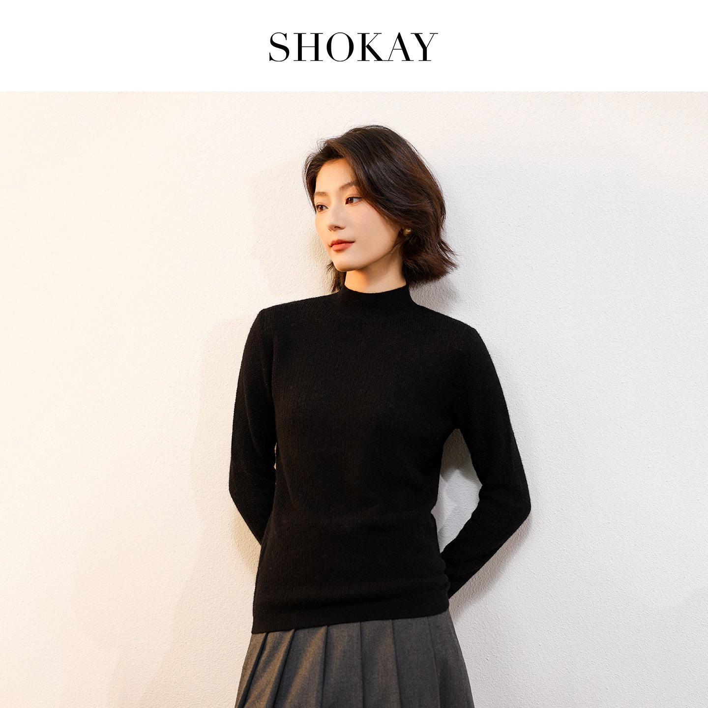 SHOKAY绣嘉【东方】牦牛绒经典半高领细条针织衫女时尚保暖简约