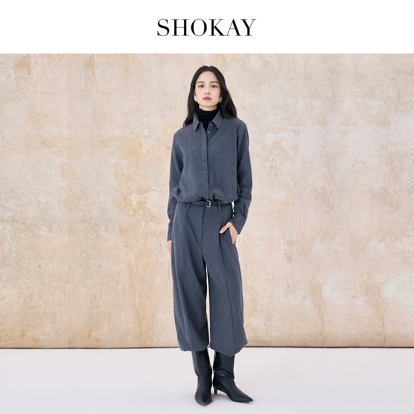 SHOKAY绣嘉【市野织间】牦牛绒翻领磨毛长袖衬衫内搭外穿时尚简约