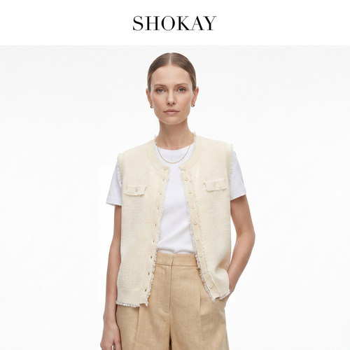 SHOKAY绣嘉女士圆领流苏边马甲