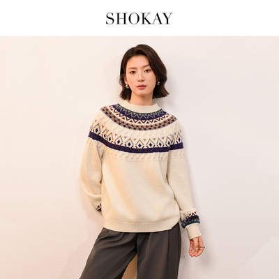SHOKAY绣嘉【TA山藏语】藏式提花圆领套衫女士牦牛绒毛衣旗舰店