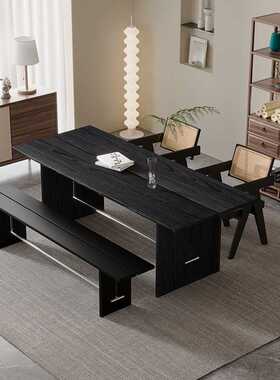 侘寂风黑色桌子复古饭桌包斯豪书桌简约中古实木餐桌椅组合办公桌