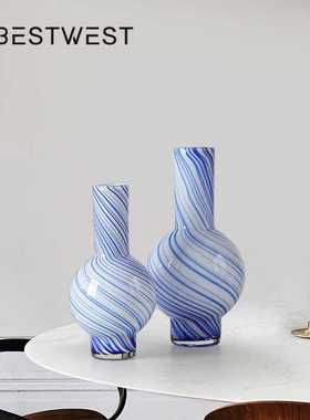 Best west 蓝色条纹葫芦水培玻璃花瓶摆件家居软装样板间装饰花器