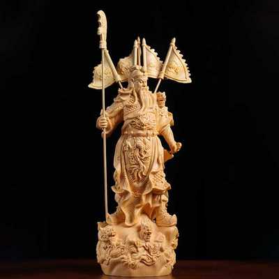 五旗关公款黄杨木 桧木雕刻摆件摆饰黄22×8×6.2 桧32×12.5×11