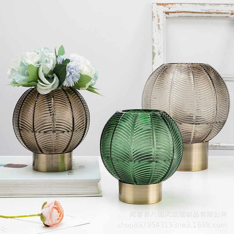现货直发欧式金属铜圈人工吹制咖色圆球玻璃花瓶家居软装饰品