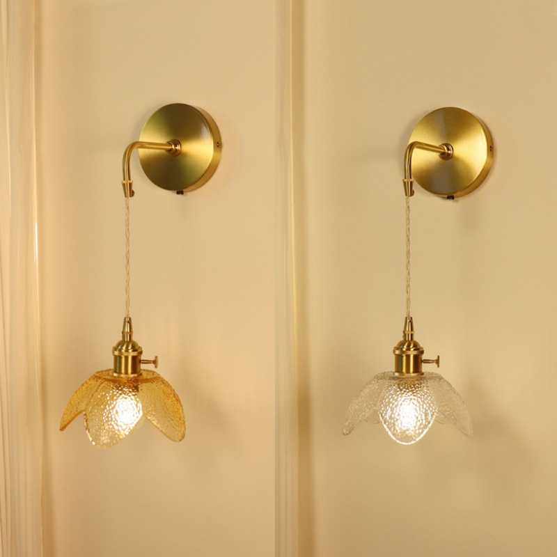 法式全铜卧室壁灯床头灯美式复古全铜玻璃壁灯带开关