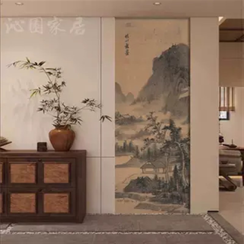 宋氏美学入门玄关装饰壁布名画水墨山水竖版壁纸卧室床.头墙纸墙