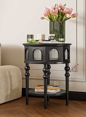 现代法式复古黑色实木玻璃边几靠墙沙发储物柜卧室美式轻奢床头柜