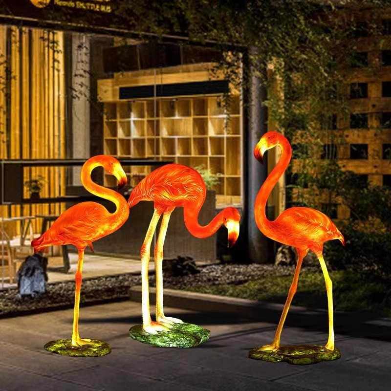 仿真发光火烈鸟雕塑摆件玻璃钢落地花园林景观婚庆橱窗装饰品道具