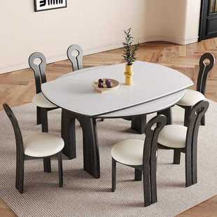 中古风黑色实木白色岩板可伸缩折叠餐桌法式小户形方可变圆功能桌