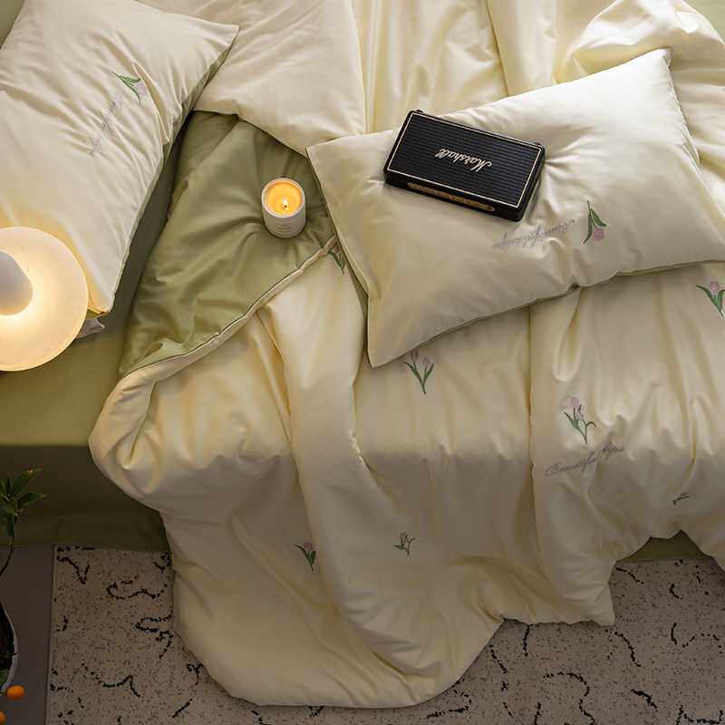 轻奢高级感春夏凉感天丝棉床上四件套郁金香绣花床单被套床笠床品