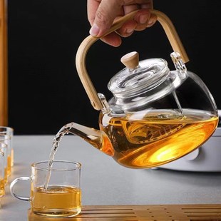 高硼硅耐热耐高温玻璃煮茶壶木把提梁蒸汽茶壶煮茶器玻璃家用茶具