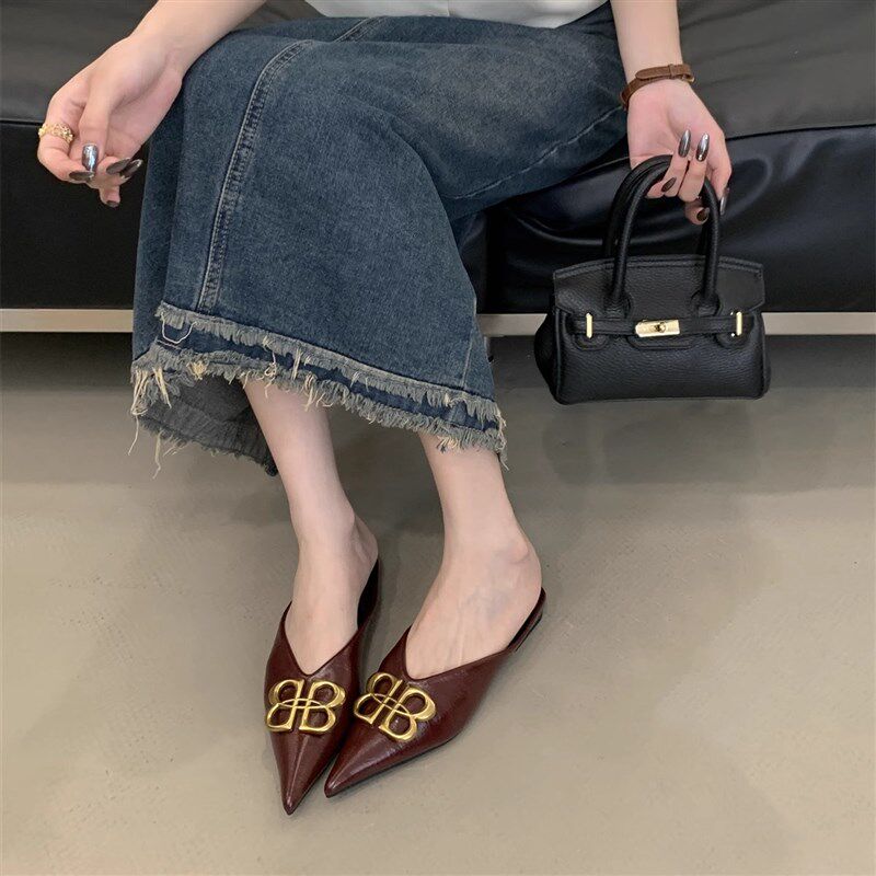 2025新款夏季金属扣女凉拖休闲B懒人平底拖鞋尖头显瘦平跟包头半