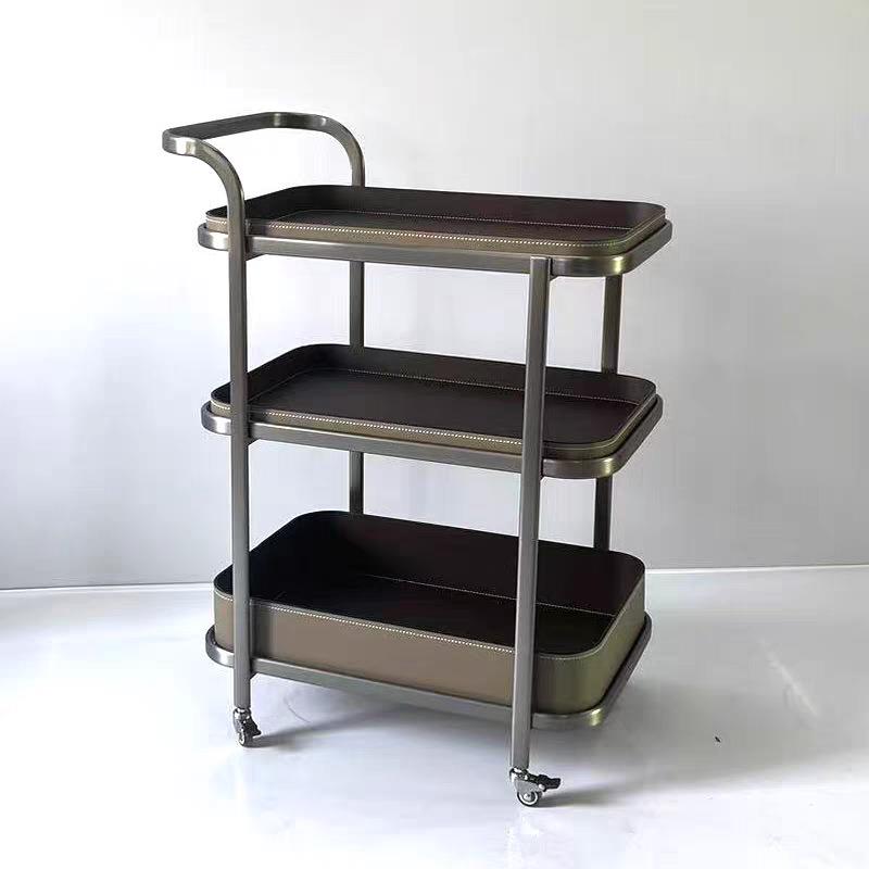 轻奢意式可移动马鞍皮沙发边几角几小推车带轮客厅家用不锈钢皮餐