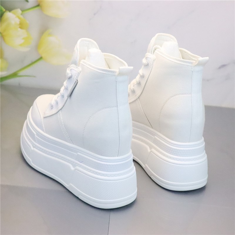 高帮帆布鞋女透气超高跟8cmu10cm12cm可选百搭显瘦内增高女松糕鞋