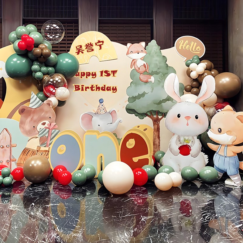 森系兔宝宝周岁生日布置装饰一岁抓周宴气球背景墙定制kt板男女孩
