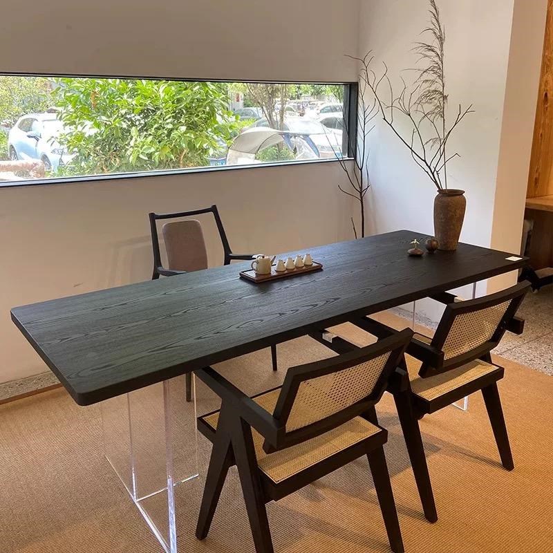 碳化黑色实木书桌原木办公桌大板工作台侘寂风亚克力板桌悬浮茶桌