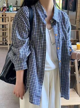 春夏宽松复古格子显瘦百搭韩系慵懒风格子外套女百搭长袖薄款衬衣