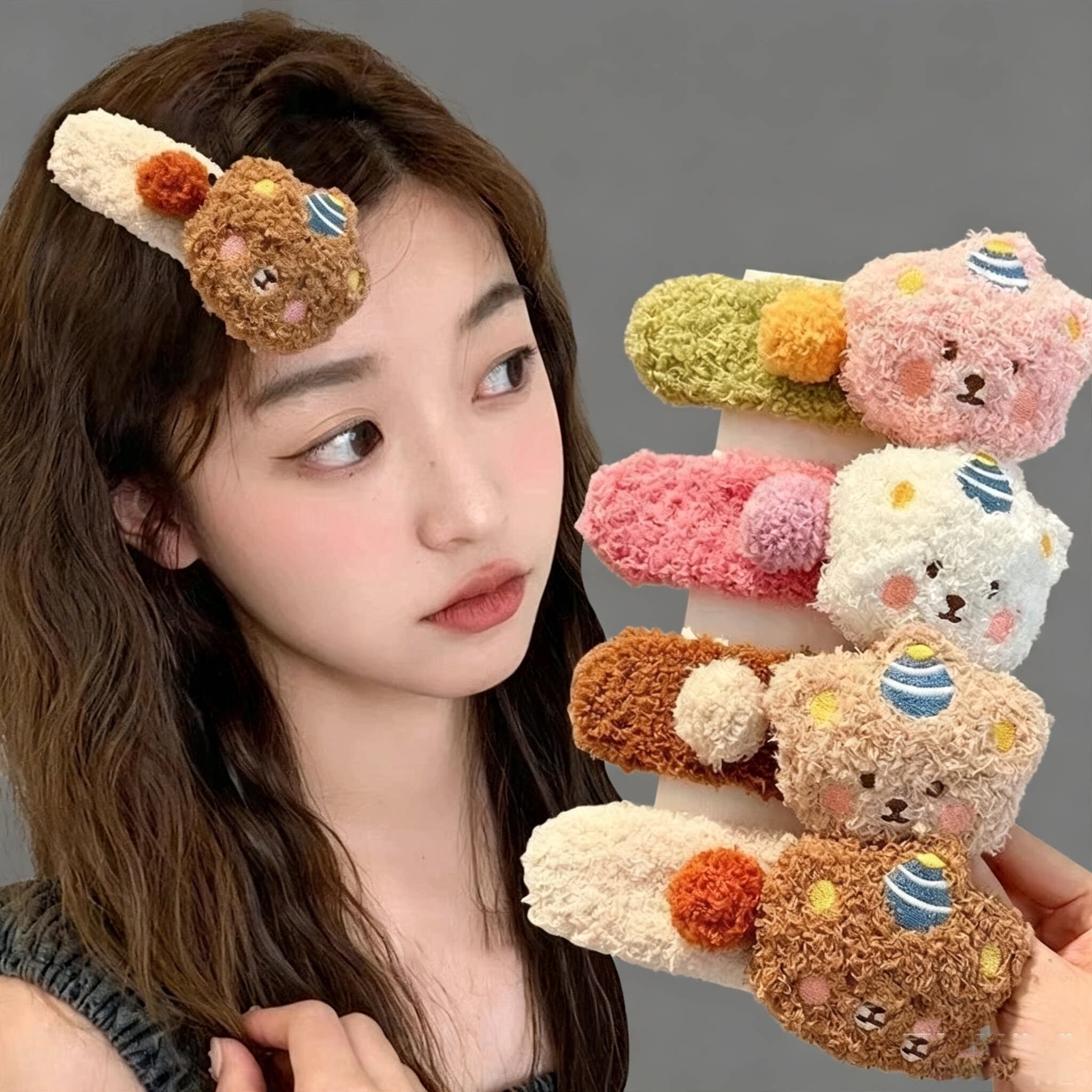 毛绒小熊发夹可爱立体卷毛玩偶BB夹少女甜美碎发侧边夹卡通童趣夹