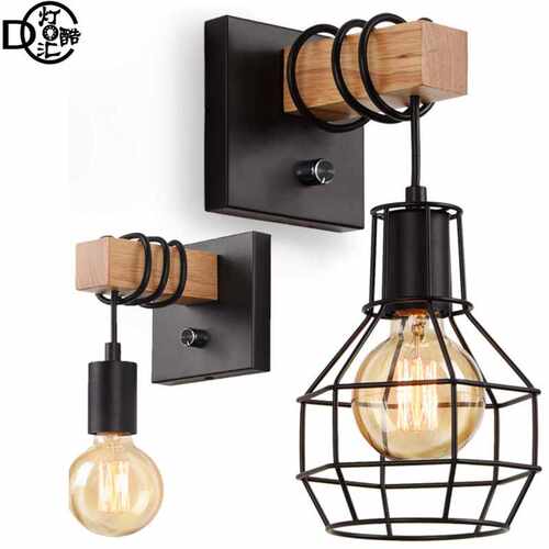 跨境亚马逊美式木艺壁灯无极调光开关铁艺工业床头灯具wall lamp