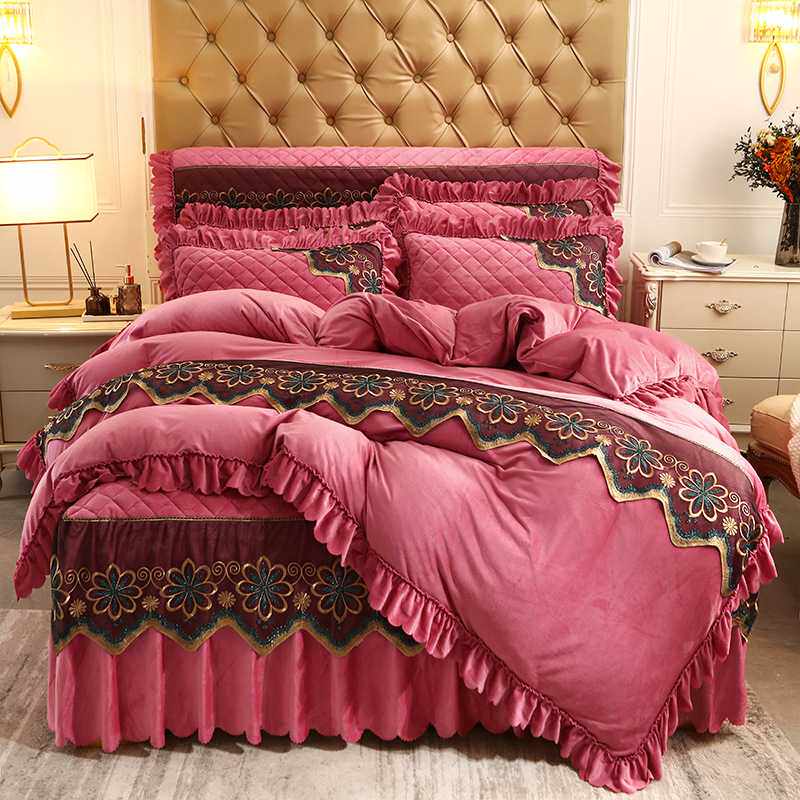 水晶绒蕾丝花边夹棉床裙四件套秋冬保暖加厚短毛绒被套床罩4件套