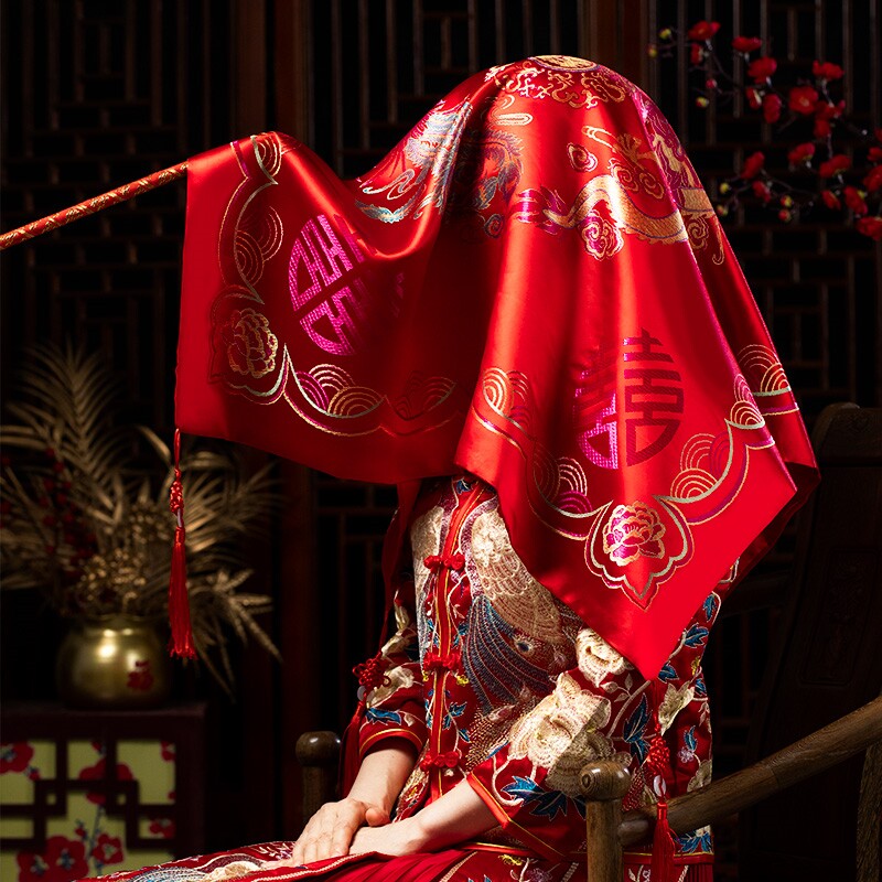 新娘红盖头新款中式婚礼中国风蒙头婚庆用品高档秀禾服红色头纱巾