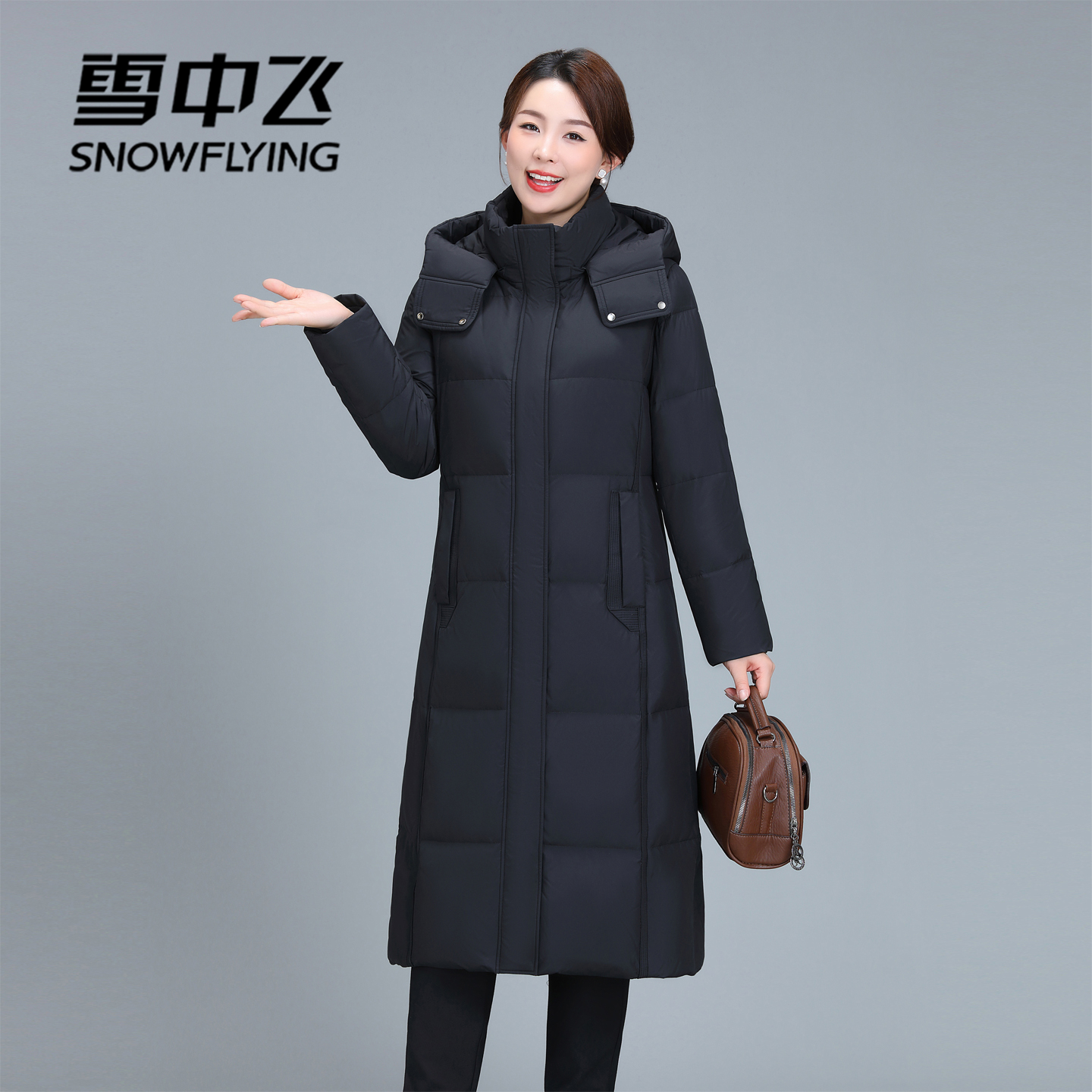 雪中飞防风袖可拆帽子长款羽绒服
