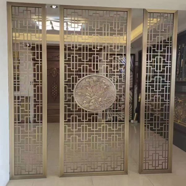 酒店入户玄关金属隔断背景墙雕花花格镂空新中式玫瑰金不锈钢屏风