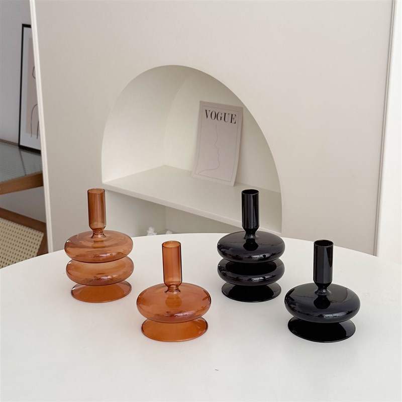 复古创意小众插花器皿玻璃花瓶高级感干花花器桌面装饰品烛台摆件