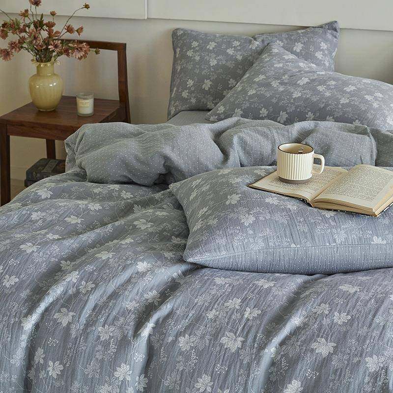 法式复古风全棉双层纱色织提花四件套纯棉床单被套小清新床上用品