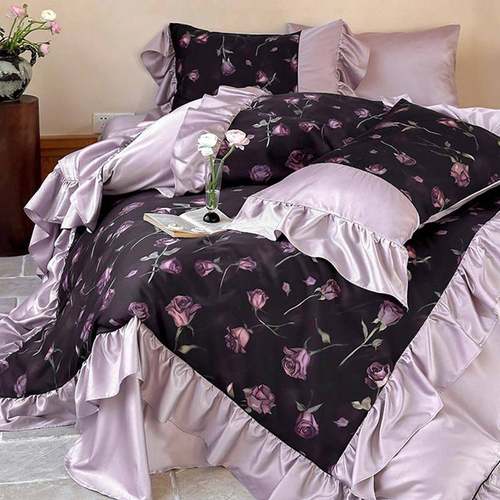 复古浪漫风全棉长绒棉四件套花卉数码印花法式高端被套床品紫绿色