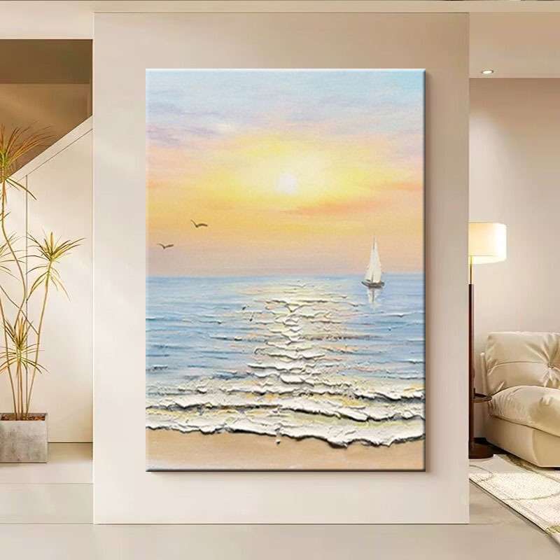 纯手绘油画奶油风客厅装饰画海浪日出立体肌理高档儿童房卧室挂画图片